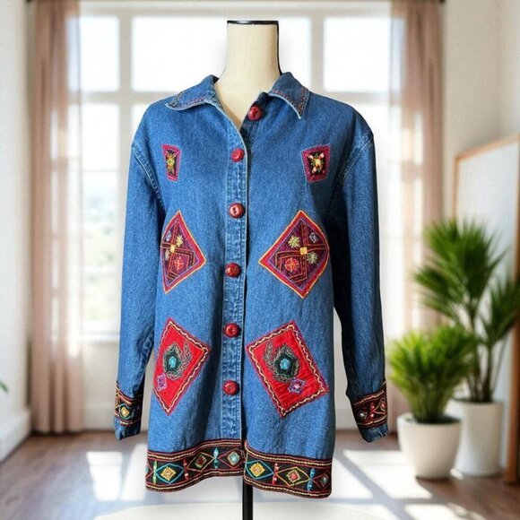 Life Style Y2K Embroidered Patchwork Denim Jean Button Down Shacket Jacket Shirt - Picture 10 of 10